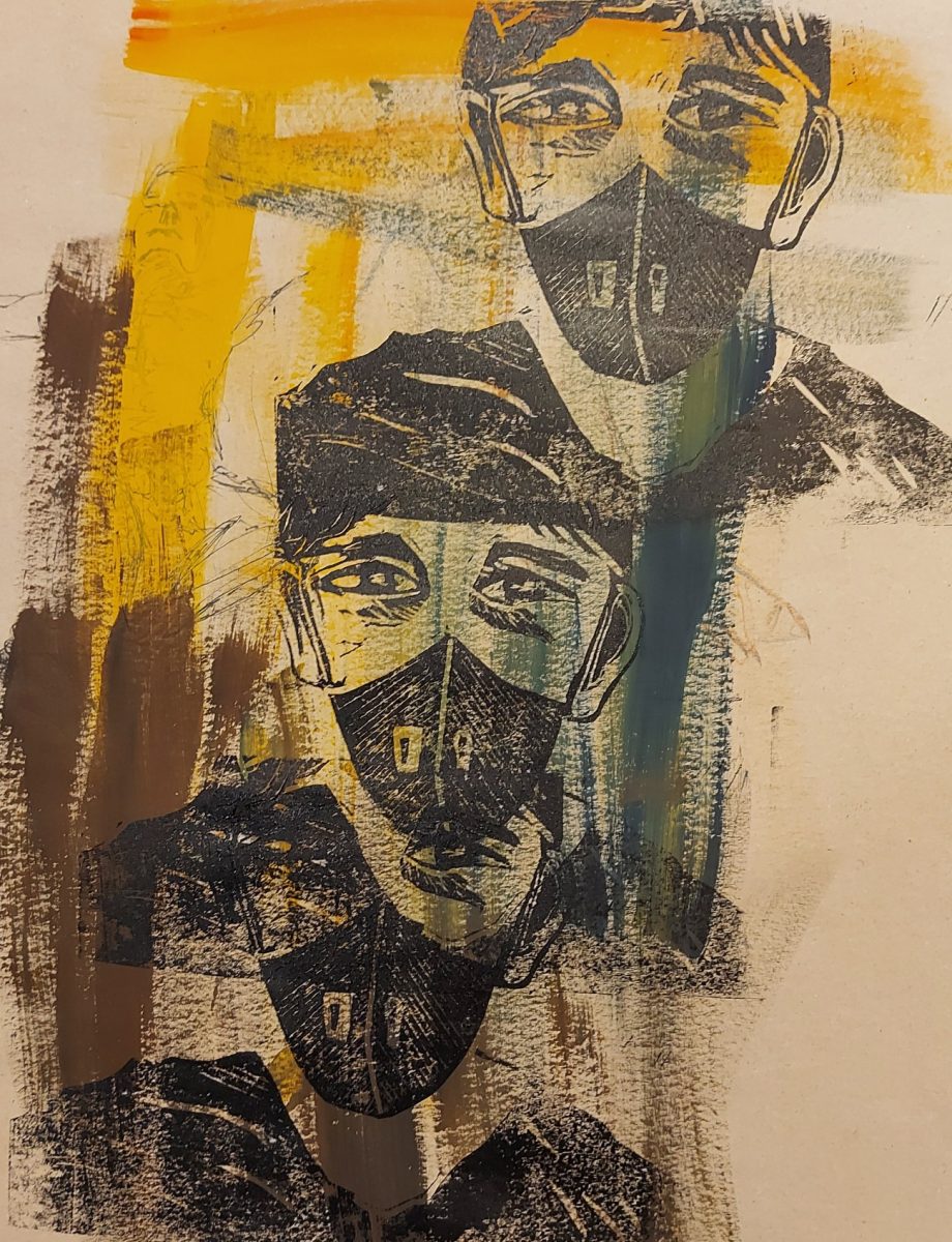 „Das Jahr der Maske“ (Mixed Media- Linolschnit auf Acryl)